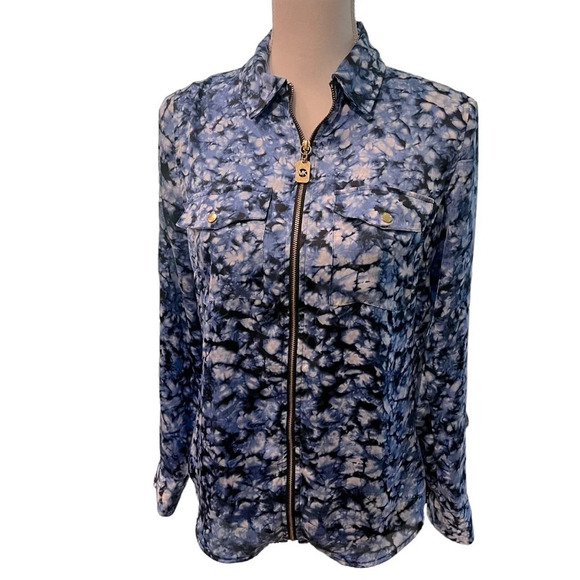 Michael Kors Zip Front Blue & White Tie Dye Roll Tab Sleeve Blouse Size Small - Picture 1 of 10